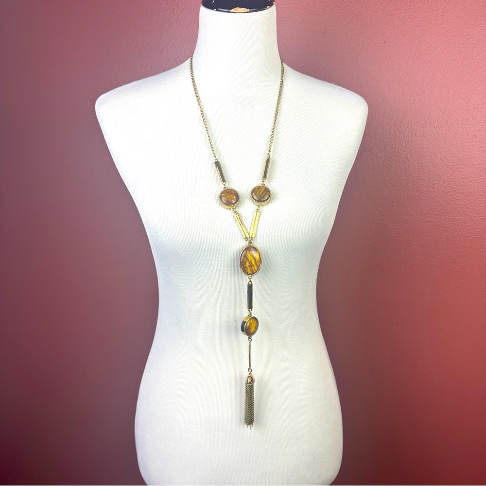 Chico’s long tassel reversible necklace tortoise print/ animal print